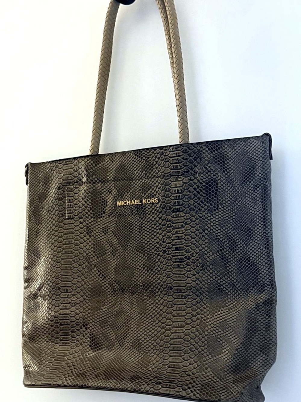 Michael Kors Gray Snake-Embossed Tote with Braided Handles